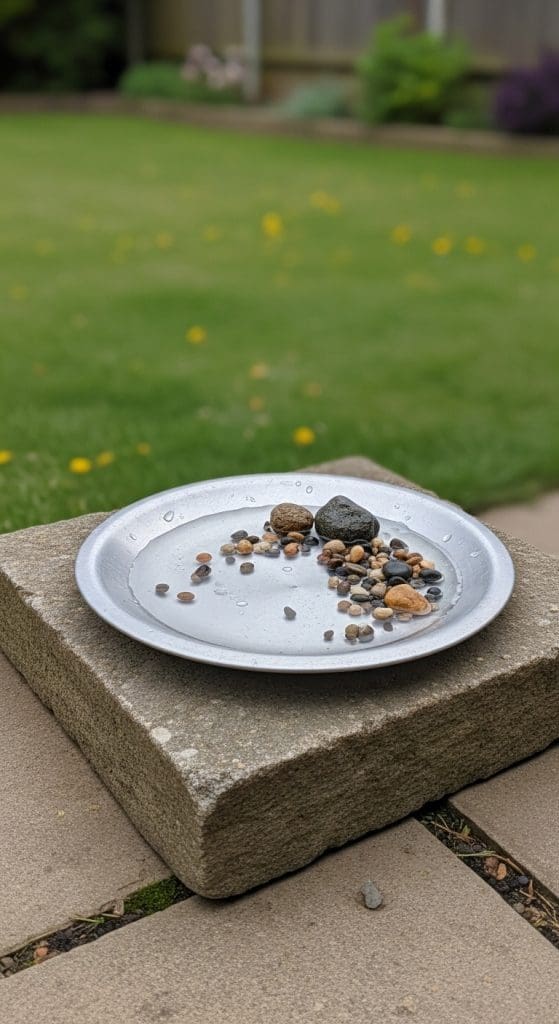pie plate as bird bath 