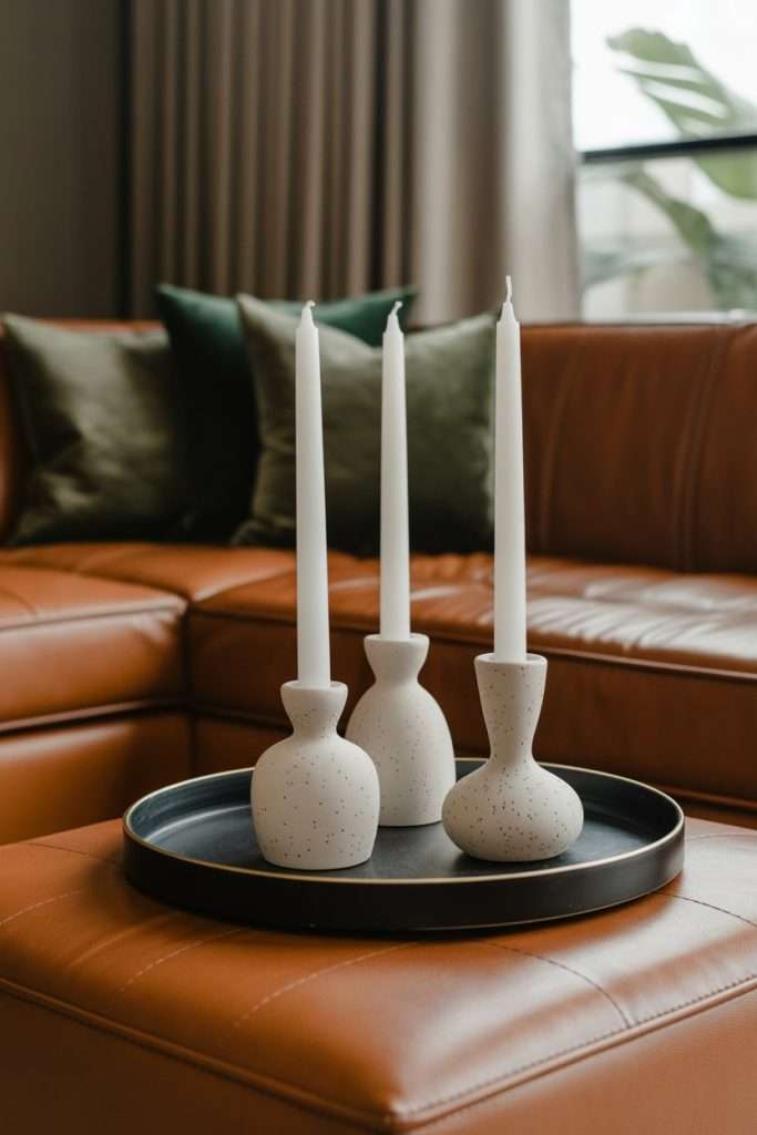 Ceramic candle holders on ottoman tray
