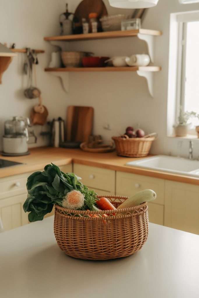 basket full of fresh vegetables on a kitchen counter