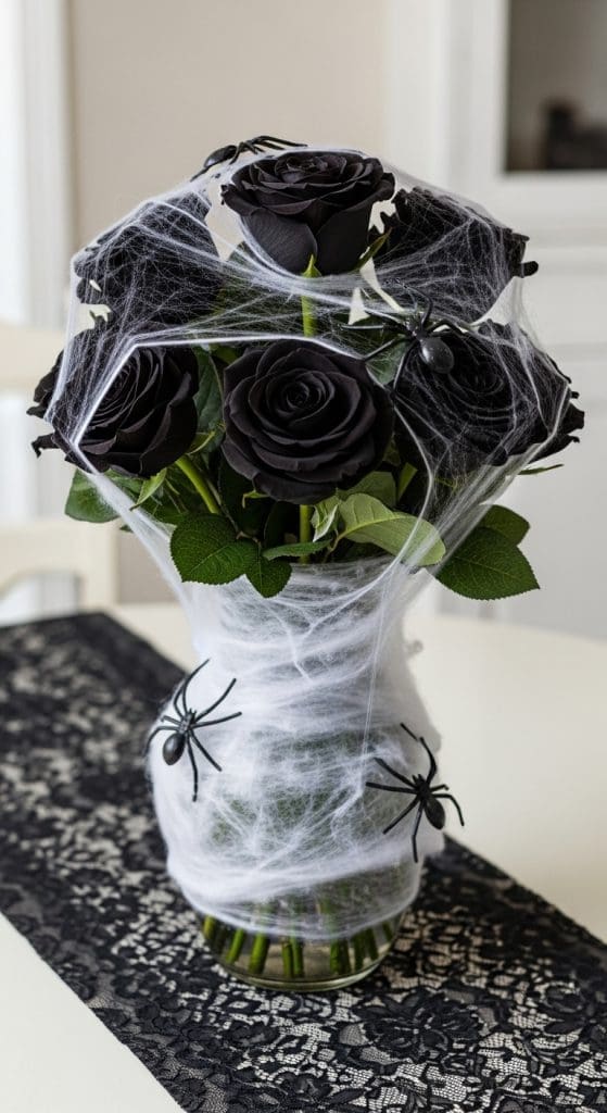 black roses and spiderwebs in vase Halloween Dining Table Decor Ideas 