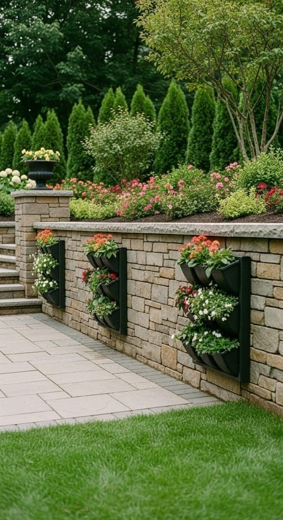 vertical planters in retainer wall 