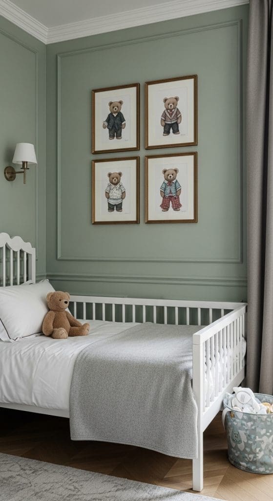 wall art of bears in frames on green wall 