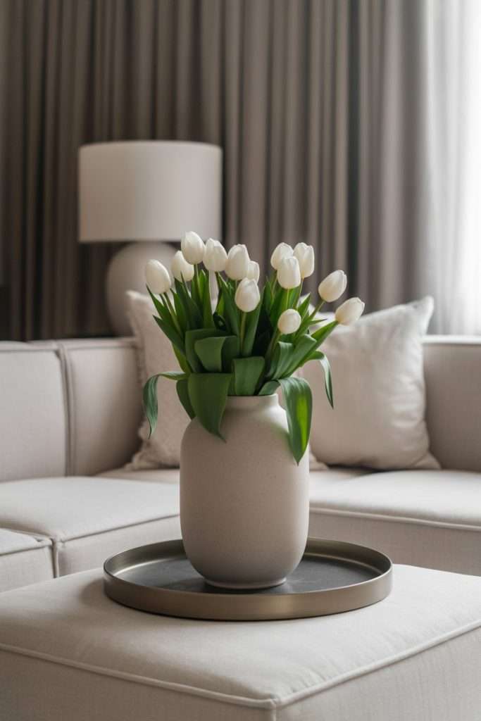 white tulips in ceramic vase on ottoman tray