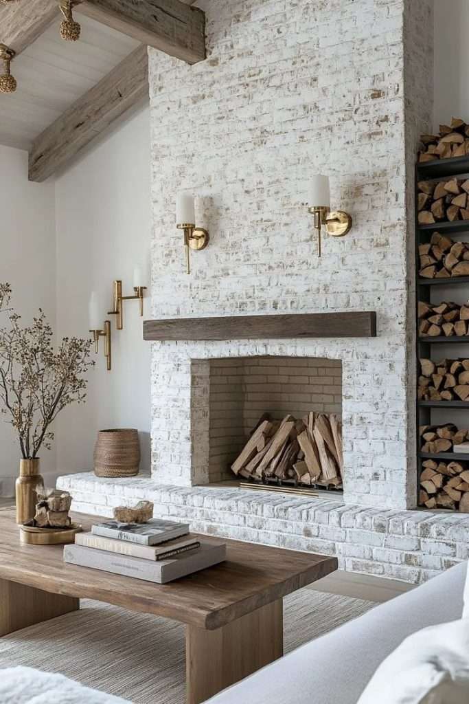 whitewashed stone fireplace in a Farmhouse Barndominium