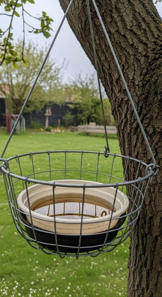 Hanging wire basket bird bath 