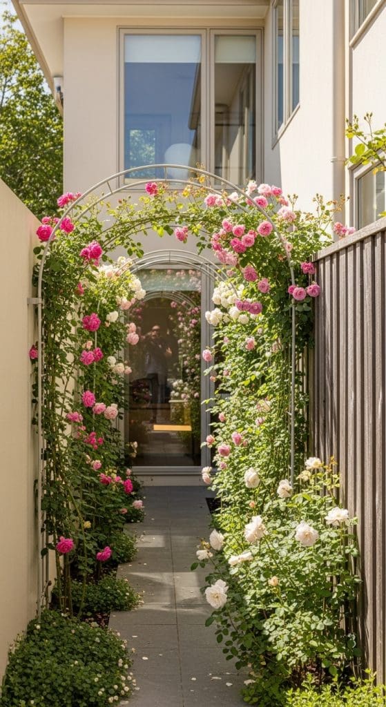 curved trellis with climbing roses on