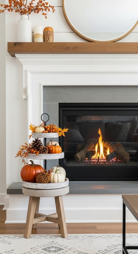 tiered tray in front of modern fire place modern living room