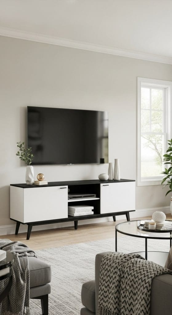 TV Console Styling with black accents