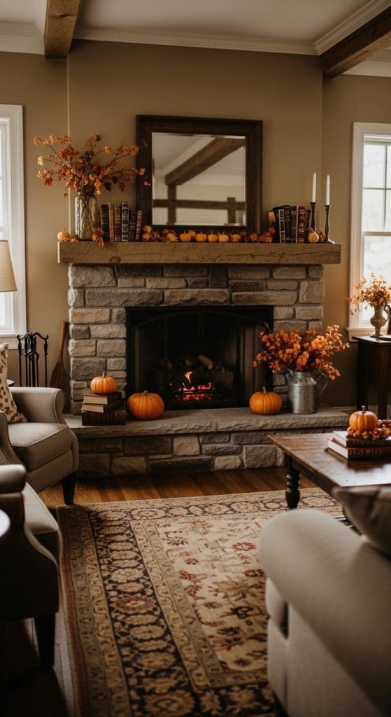 books on mantle in fall living room