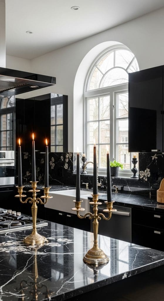 Black candle sticks in a gold vintage style candelabra in a dark kitchen
