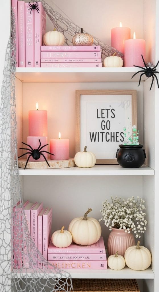bookshelf decorated for halloween in pink
