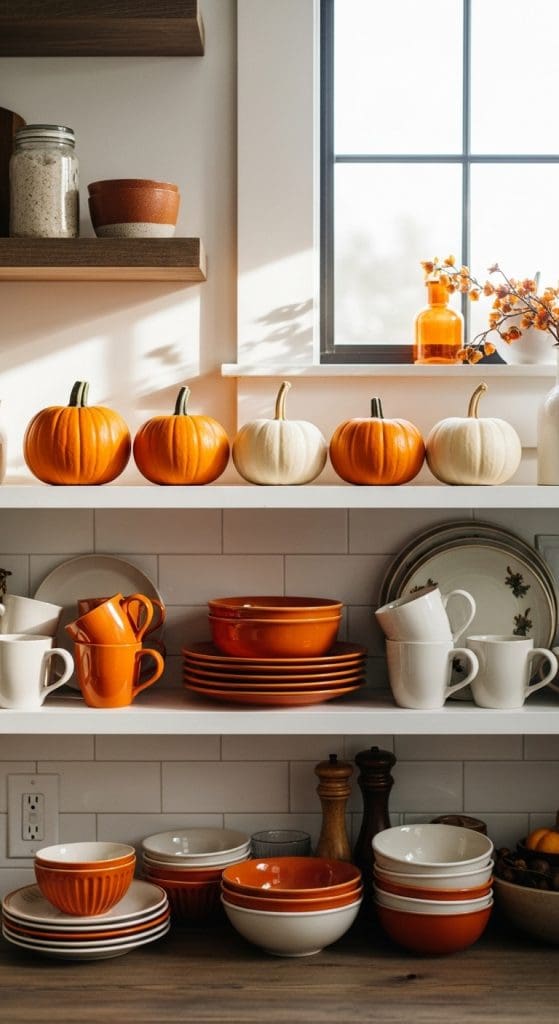 Mini orange and white pumpkins on floating white kitchen shelves