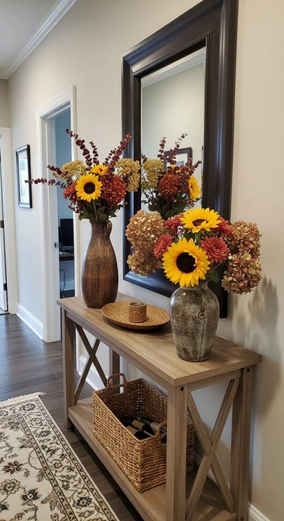 Ceramic vases filled with seasonal flowers like sunflowers on a wooden console table