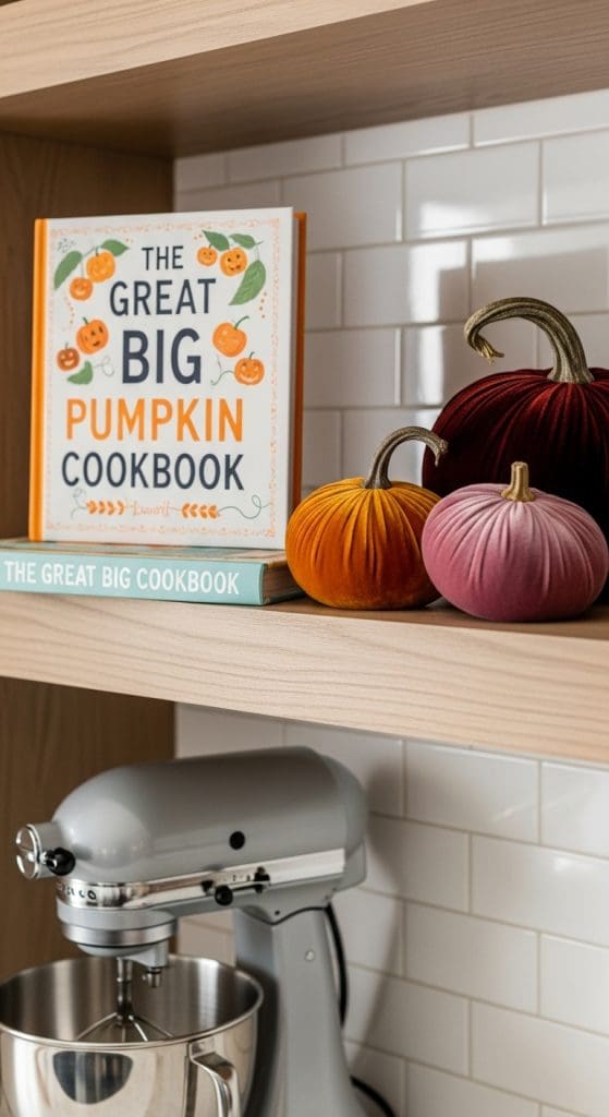 a Book titled THE GREAT BIG PUMPKIN COOKBOOK on a floating shelf next to velvet pumpkins