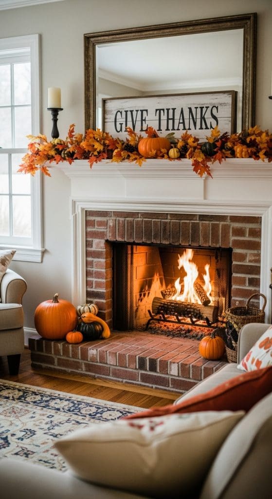 give thanks sign on top of the fireplace