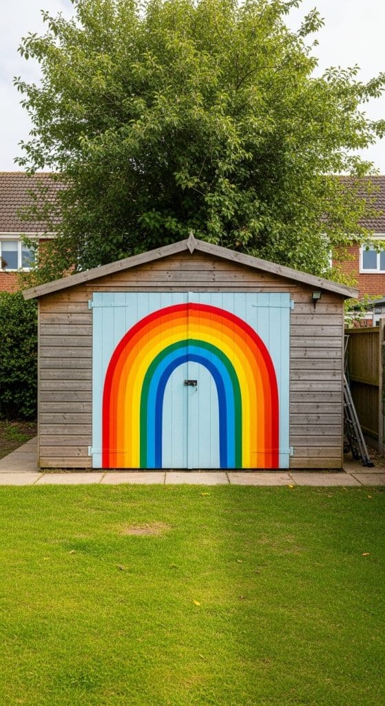 simple rainbow arch painted on the front of a shed