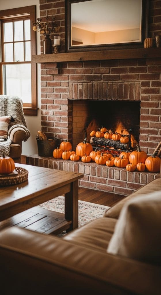mini pumpkinsin front of fireplace