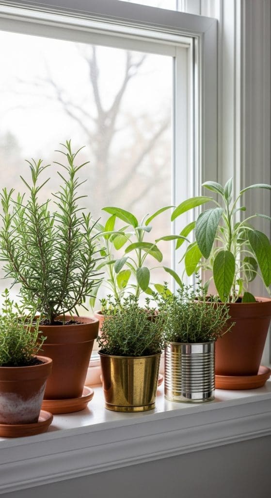 copper and terracotta pots on window sill with herbs in