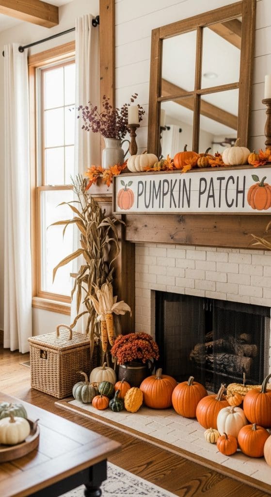 wooden sign that reads pumpkin patch on mantle