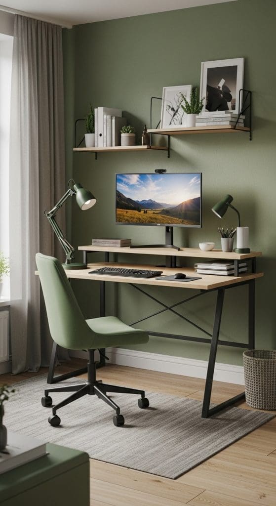 two tiered wood and black metal desk set up in a green home office