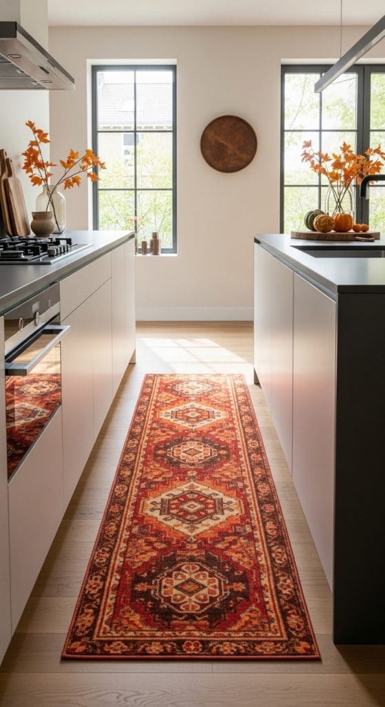 red and gold color runner rug in kitchen