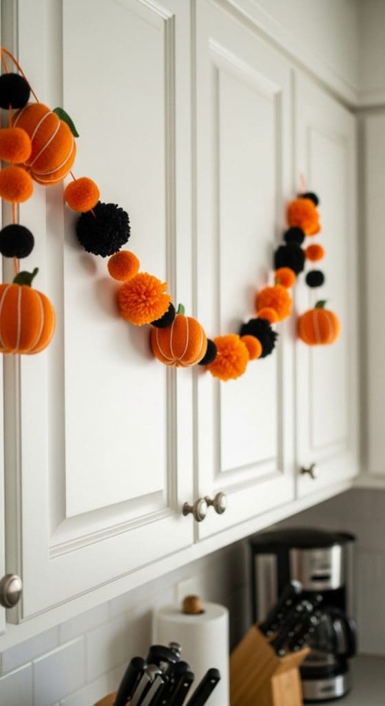 black and orange garland with pumpkins and pom poms on hanging from kitchen counters