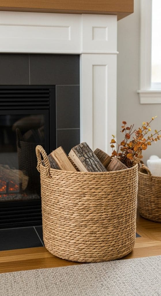 Fall Decor in Front of Fireplace ideas in wicker basket