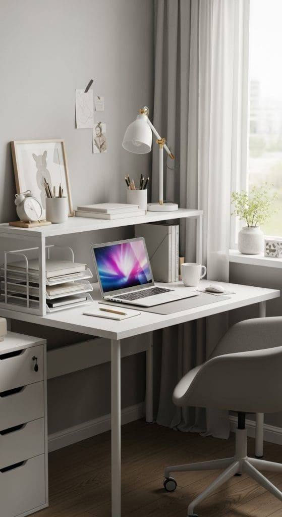 Tiered shelving on white desk Small Desk Setup Ideas