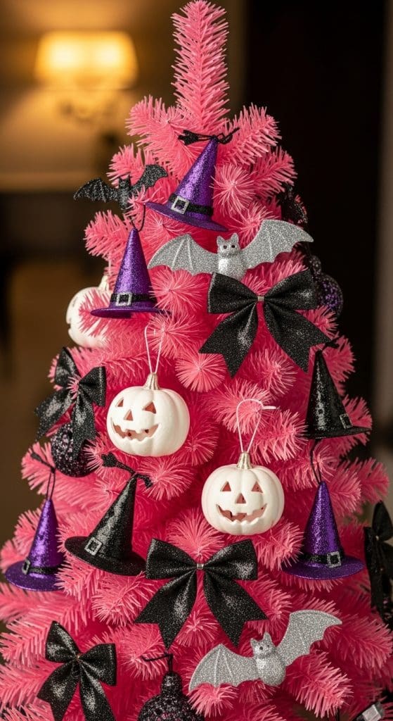 pink artificial tree decorated for halloween