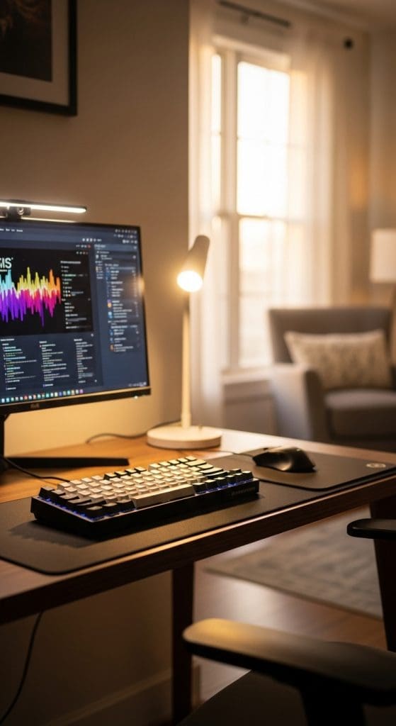 compact mechanical keyboard on a wooden desk