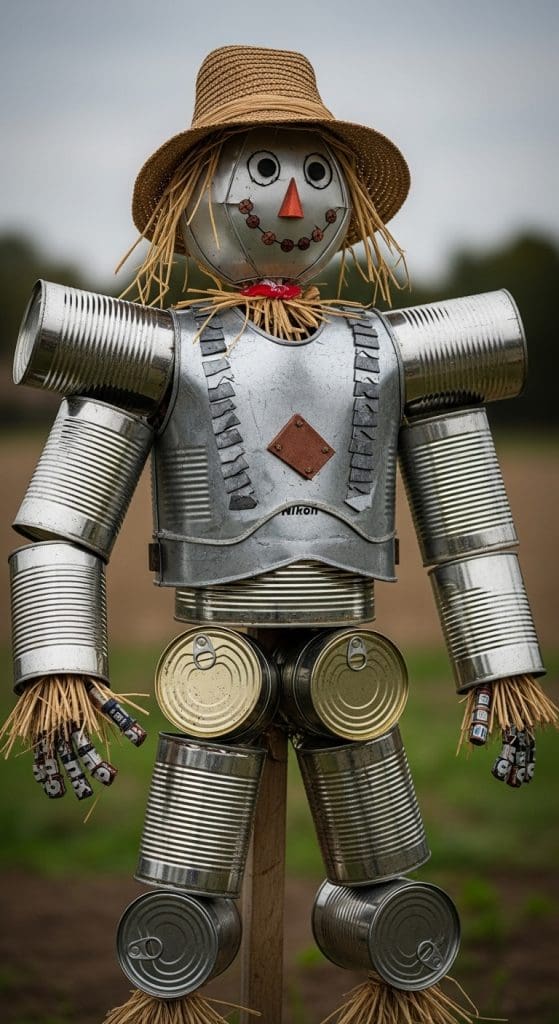 scarecrow made from tin cans
