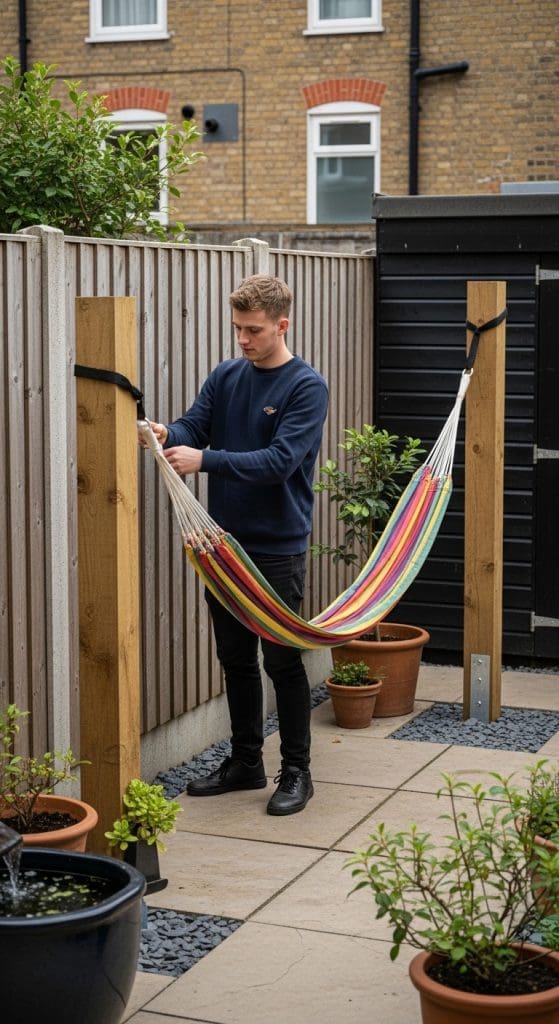 hammock being tied to two fence poles in urban backyard