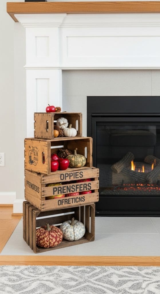 crates in front of modern fire place full of pumpkin and fall decor