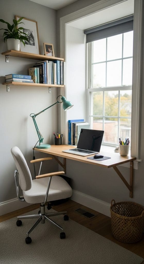 window sill that has been converted into a compact window desk
