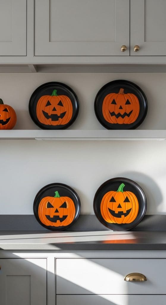 Black kitchen plates with orange jack-o-lantern on them