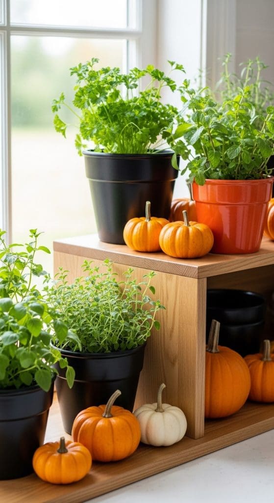 black and orange pits that contain herbs in