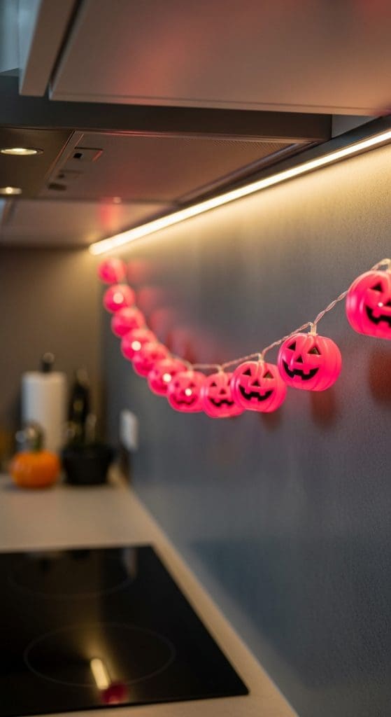 pink jack-o-lanterns on backsplash in kitchen