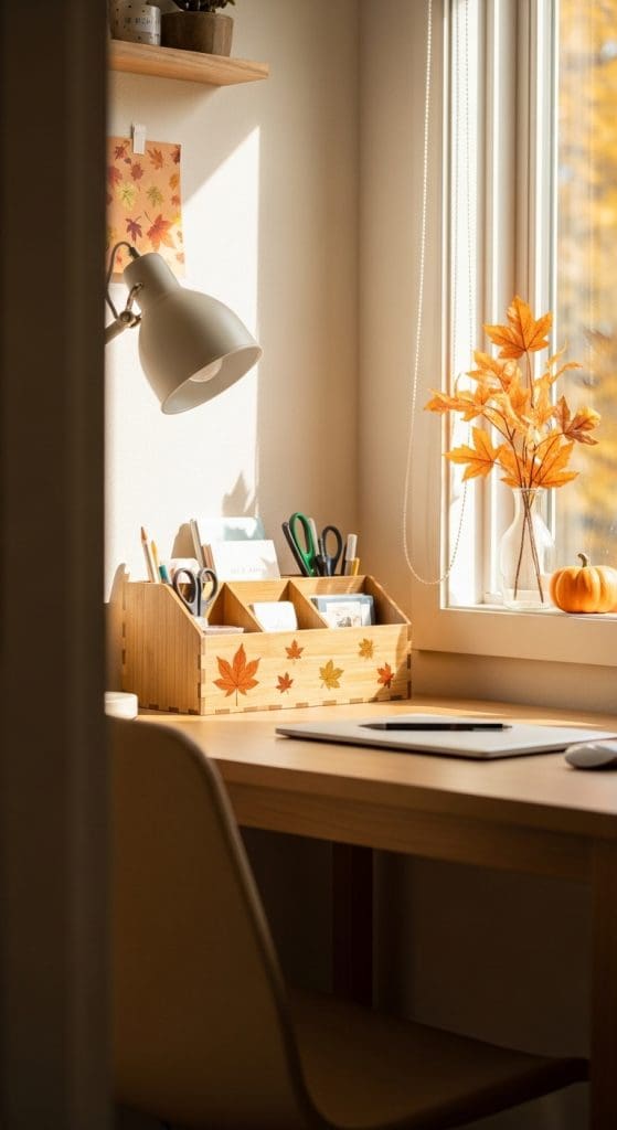 Small wooden desk organizer with autumn leaf decals