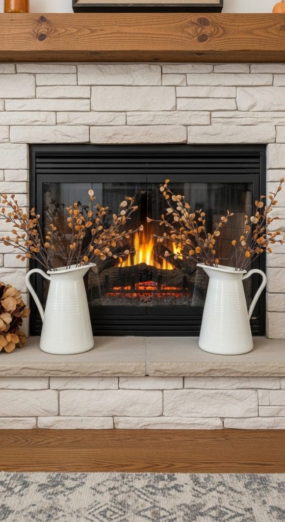 white jugs with autumn branches in front of fireplace