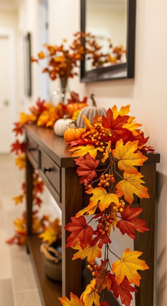 seasonal fall garland on console table in entry way