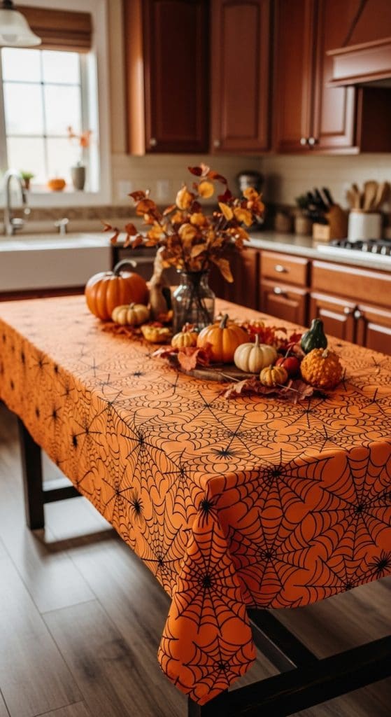black and orange tablecloth with black spider webs on