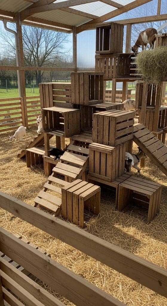 Stacked wooden crates in the middle of a play pen for goats