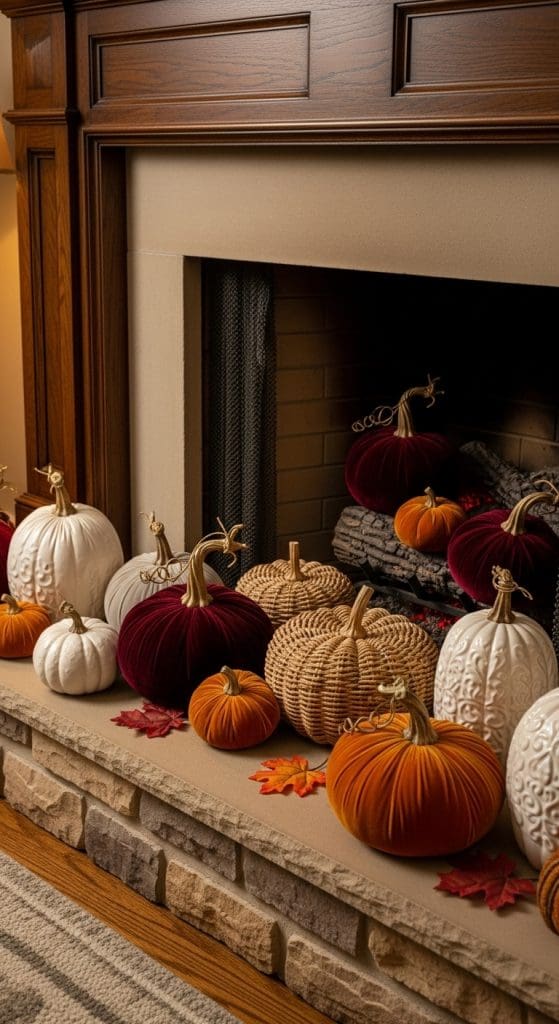mini faux pumpkins on fireplace in different textures