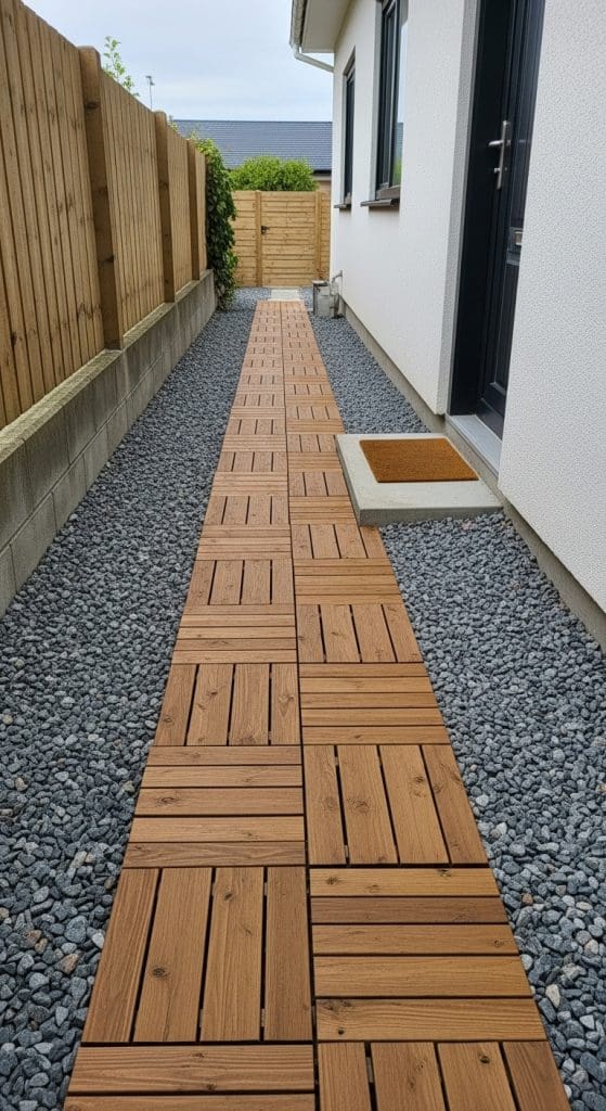 wooden pallets in a side pathway of a side path of home