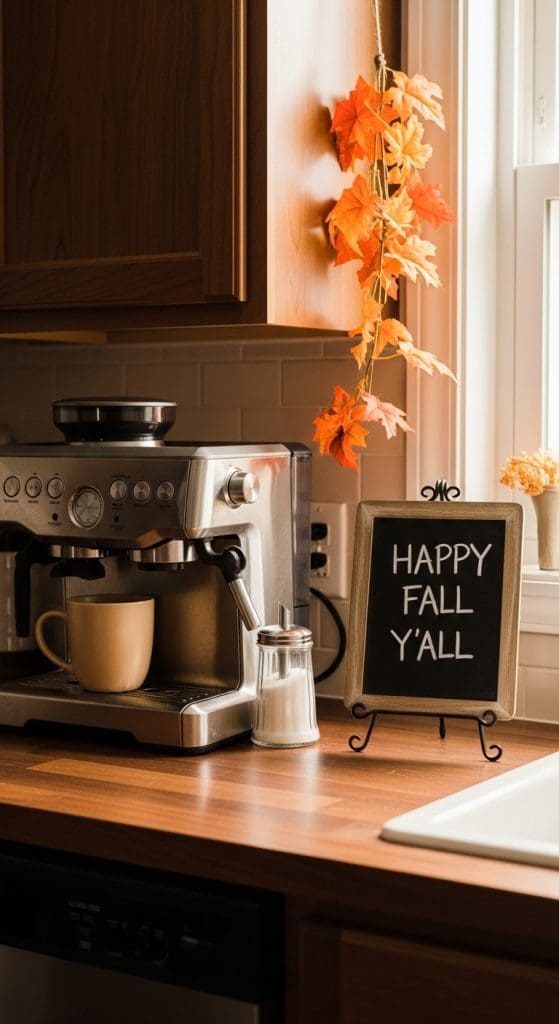 chalkboard sign that says happy fall yall in rustic style kitchen