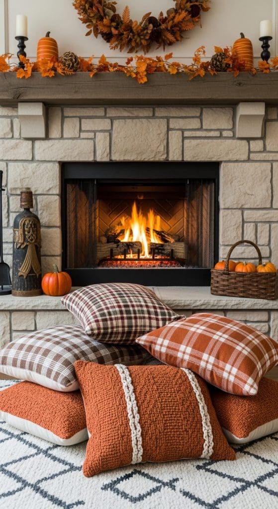 Orange and gingham style pillows in front of the fireplace