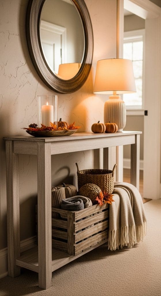 rustic crate with throw and rattan basket in entry way for fall decor