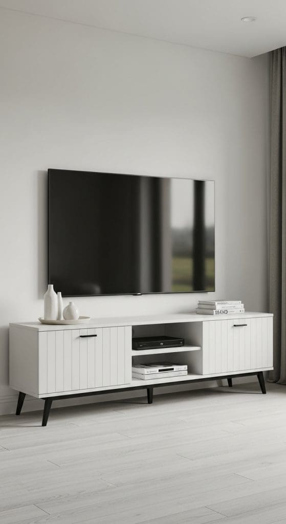 TV Console Styling in white with white decor