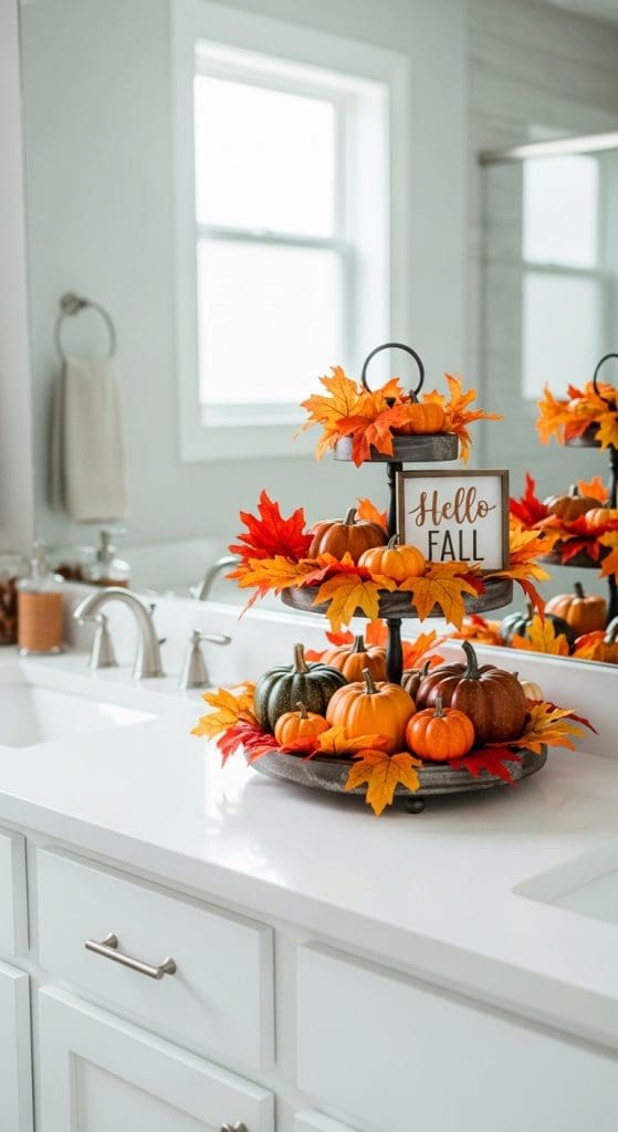 tiered Fall Bathroom Decor on tray with autumn leaves and mini pumpkins