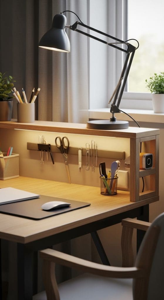 metal strip attached to desk with scissors and office supplies attached